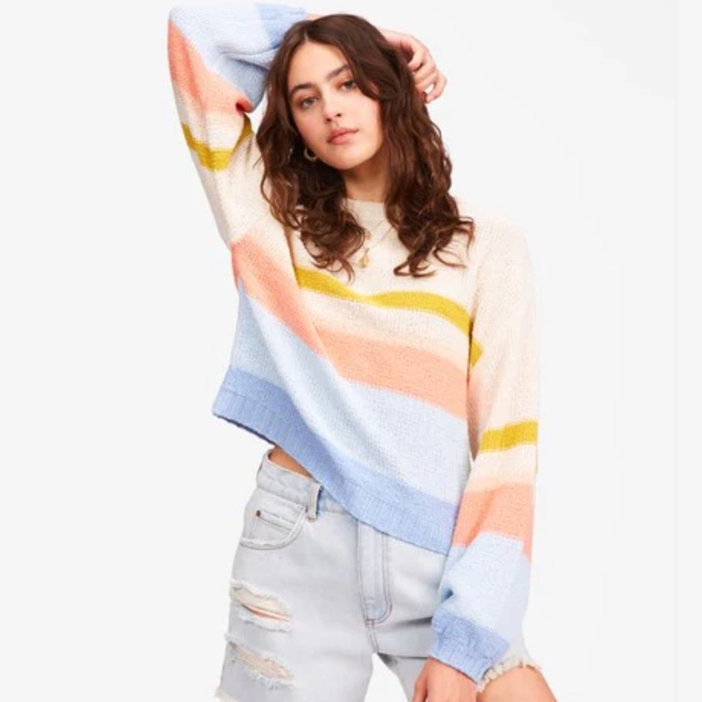 Billabong Cotton Blend Loose Weave Cropped Sweater Crew Neck Size Large